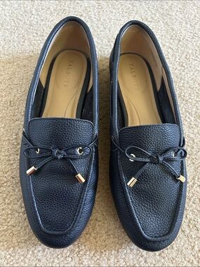 Talbots Navy Blue Pebbled Leather Bow-Accent Slip-On Loafers sz 8.5